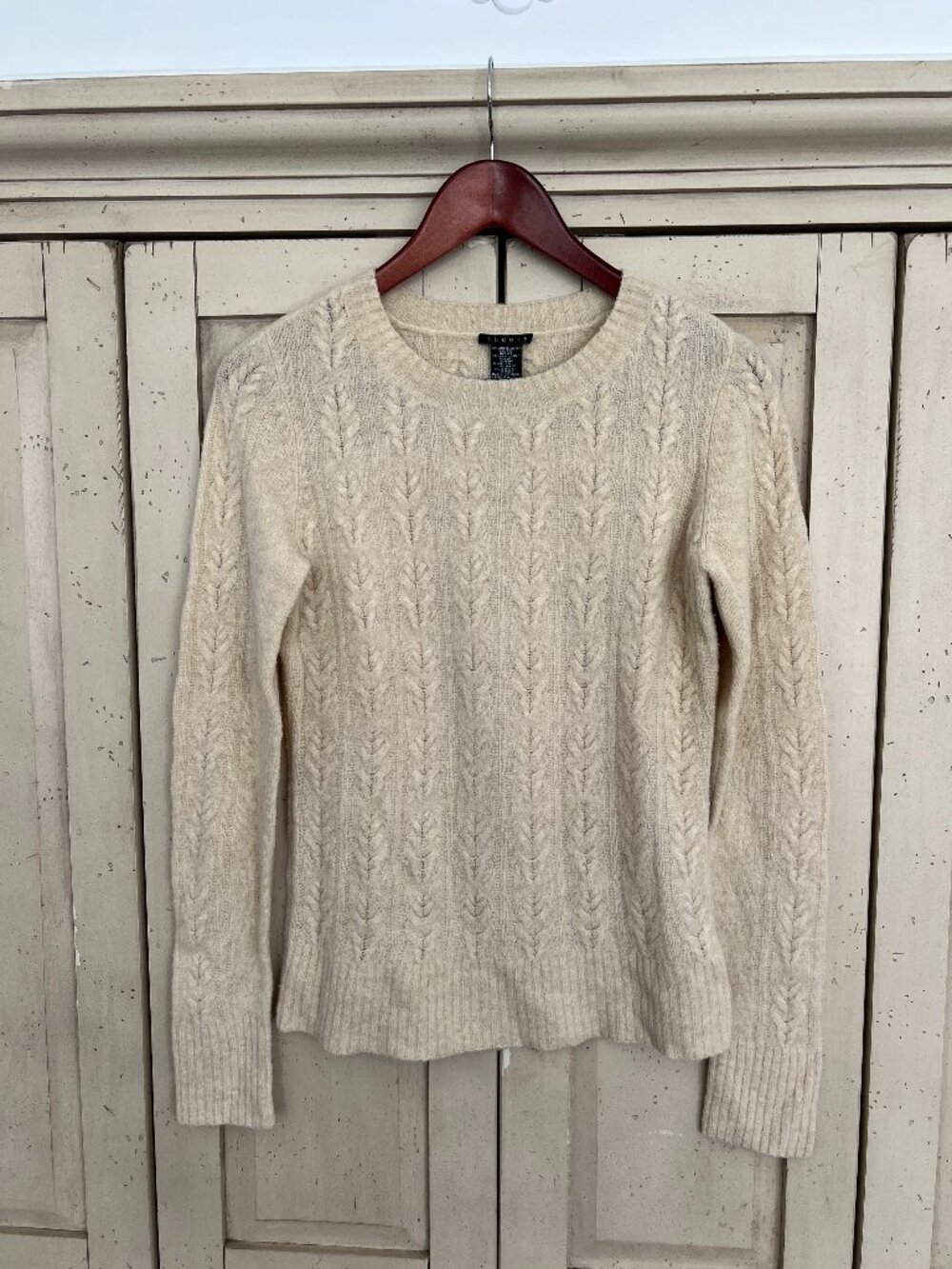 Theory Merino Wool Camel Hair Cable Knit Crewneck Sweater Oatmeal Petite P